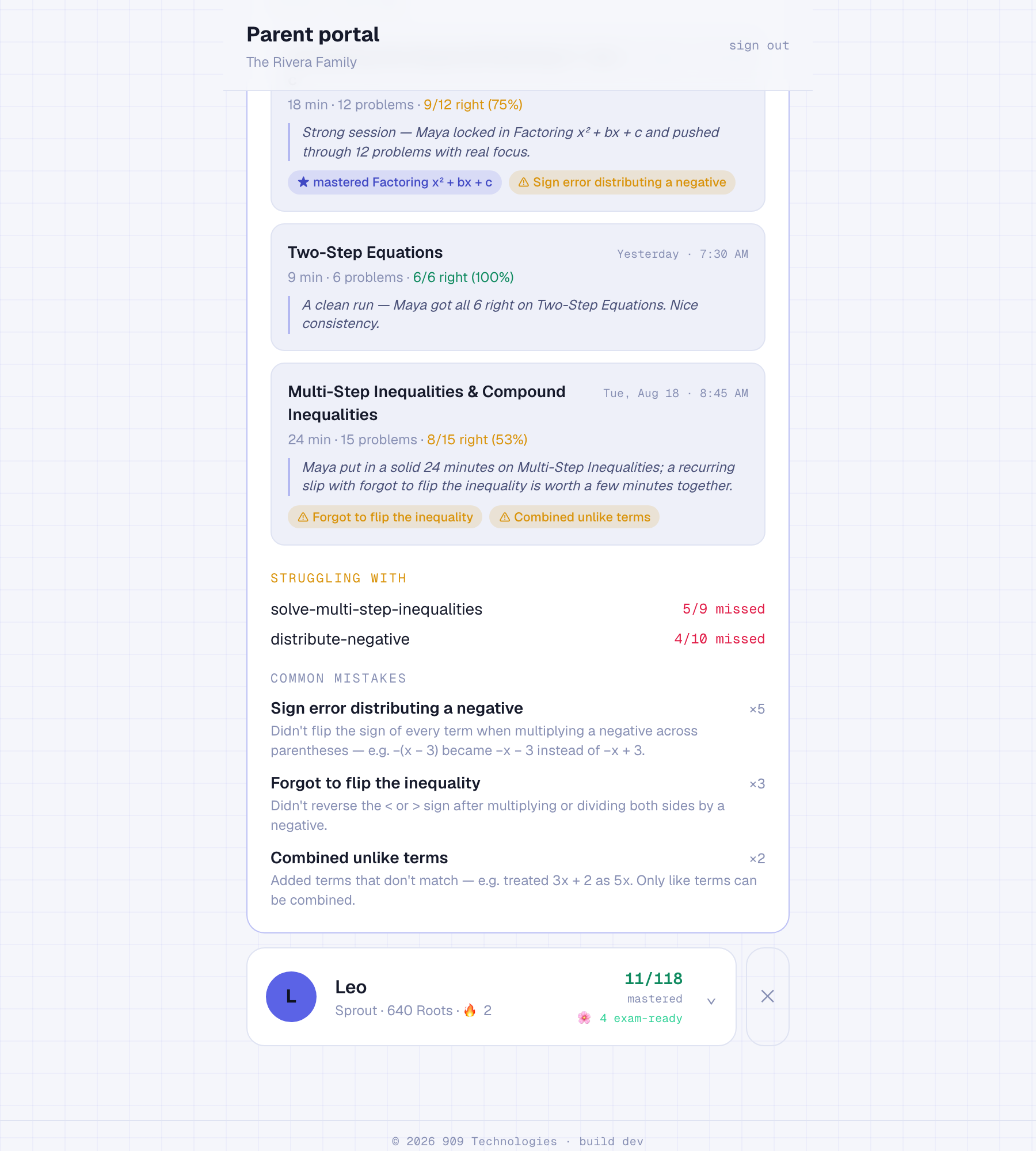 The parent feed with an AI-written recap of each study session